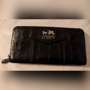 Coach Black Croc-Embossed Zip Around Wallet with Silver Logo